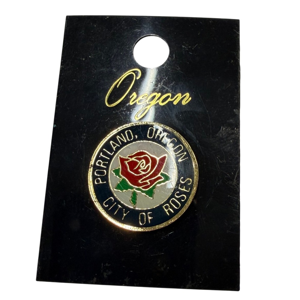 Portland Oregon City of Roses Enamel Lapel Pin Red Rose Gold Tone Souvenir